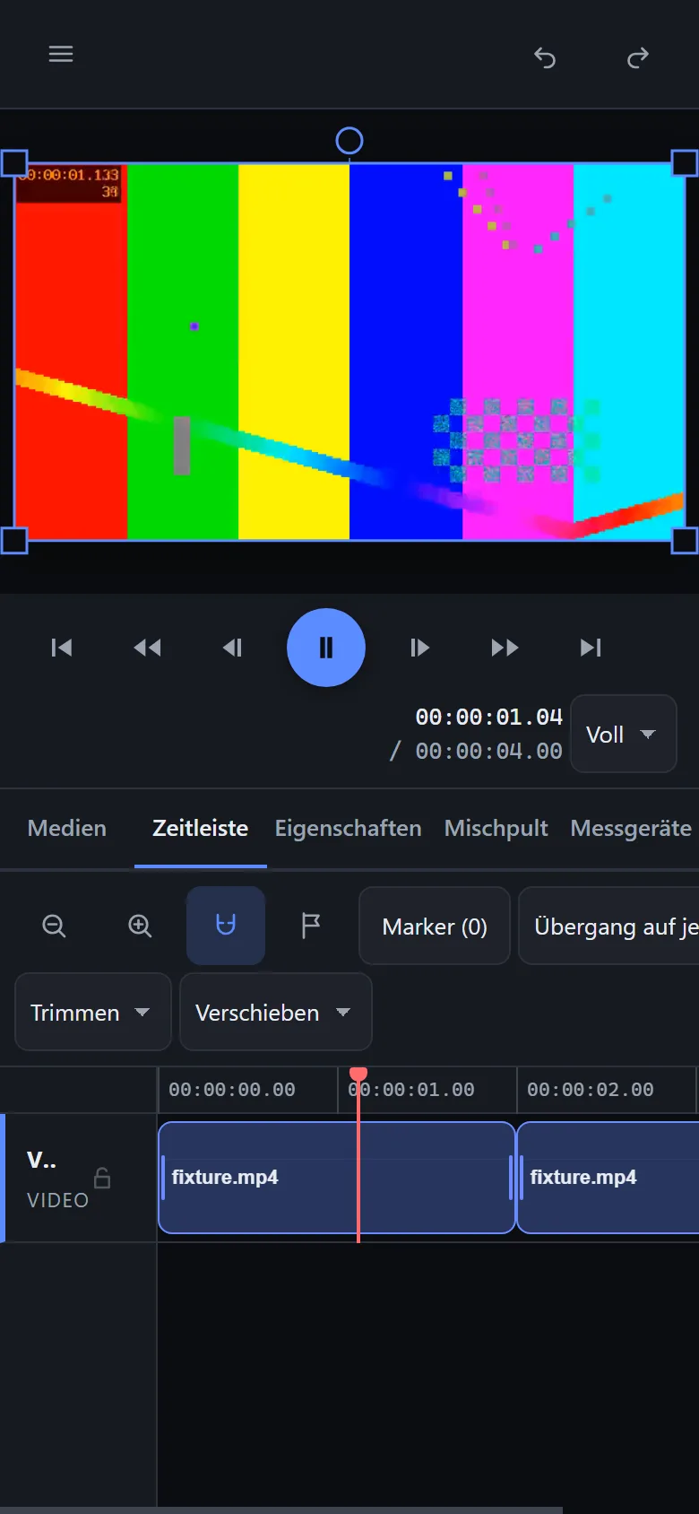 Videola on a phone: preview and transport at the top, a tab bar, the timeline below